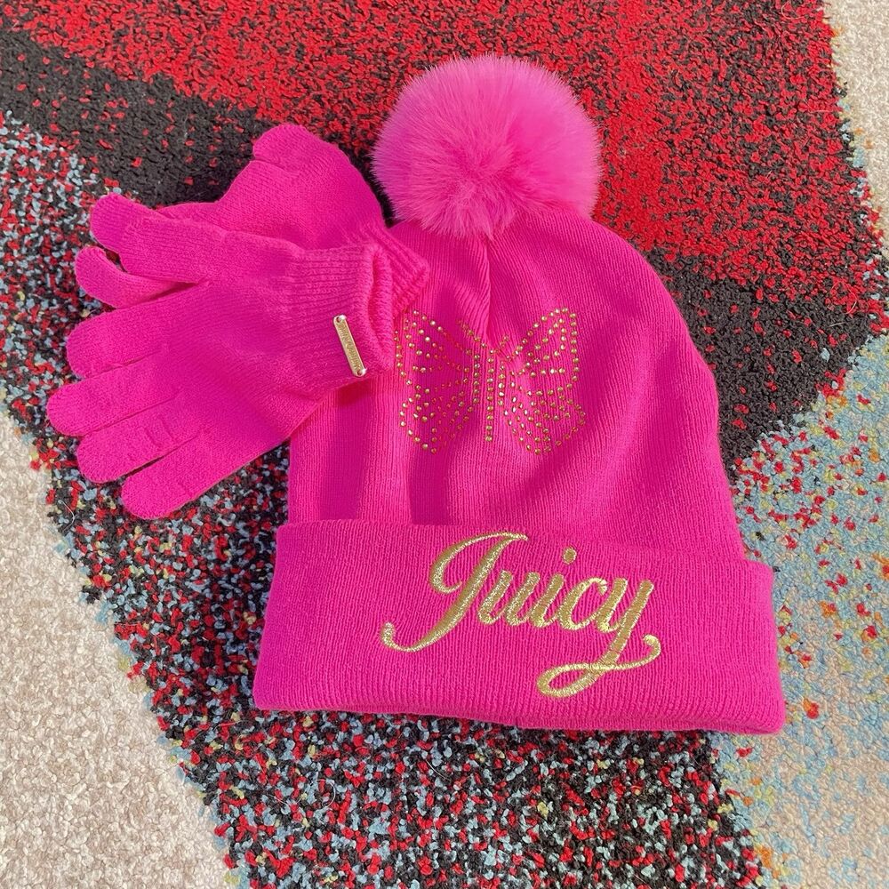 Juicy Couture Girls Pink Beanie Hat & Gloves Set Pom Pom Winter